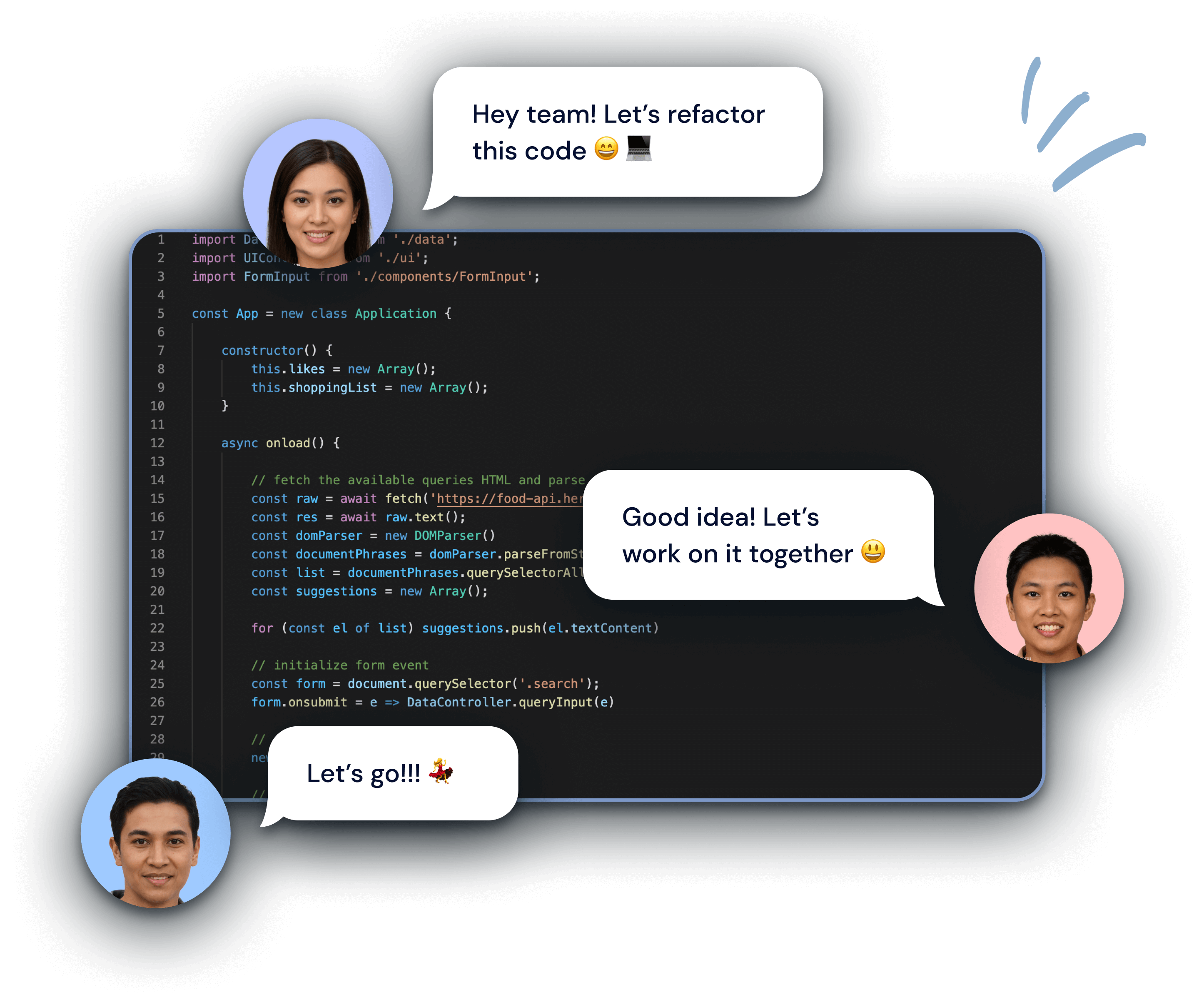 A team having a conversation about refactoring the code